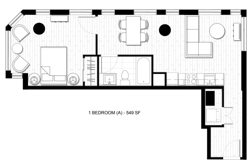 Floor plan for 1 bed, 1 bath, 649 sqft